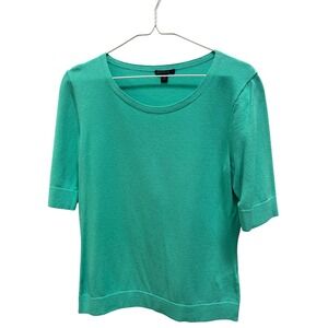 Lafayette 148 New York Teal Green Scoop Neck Short Sleeve Knit Sweater Top Sz M